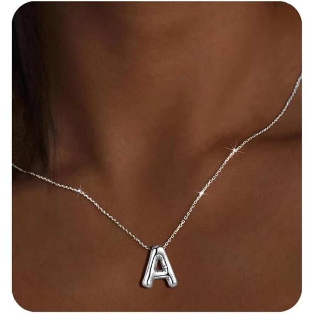 Silver Initial Pendant Necklace – Personalized Letter “A” Trendy Stuffed Bubble